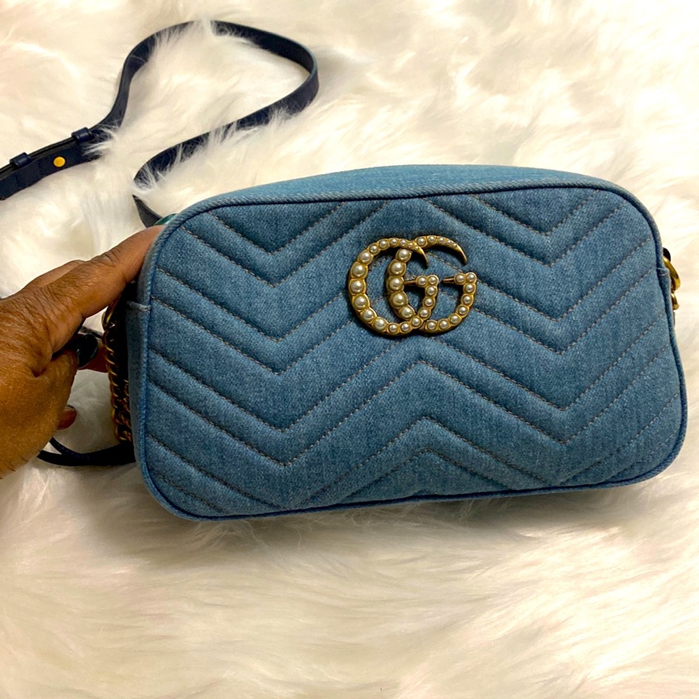 Gucci Denim Pearly GG Zip Tote